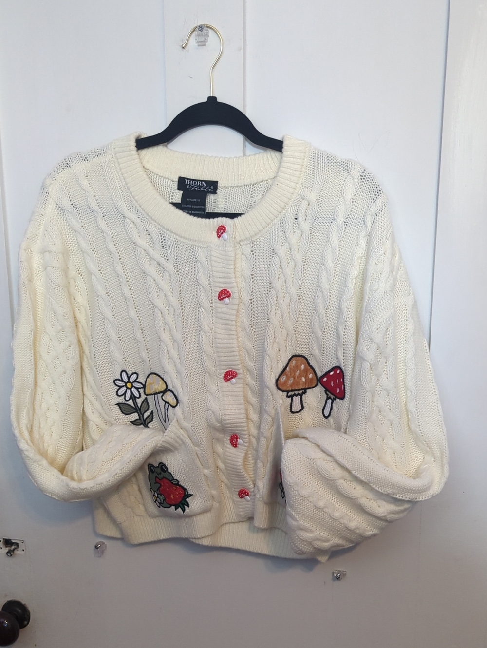 Thorn & Fable mushroom and frog knit cardigan. NWT.